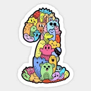 Number 1 one - Funny and Colorful Cute Monster Creatures Sticker